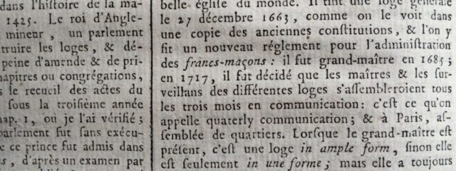 Freimaurer: Ausschnitt aus Artikel Franc-Maçon, Encyclopédie méthodique, Bd. 10 (1791)