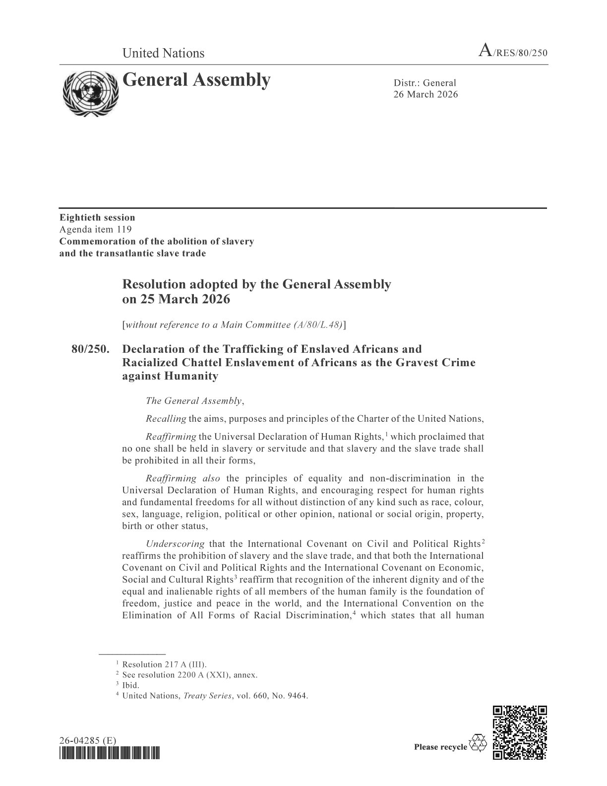 Die Resolution 80/250 der Generalversammlung der Vereinten Nationen vom 25. März 2026 zum „Sklavenhandel mit versklavten Afrikaner*innen und zur rassistisch motivierten Versklavung von Afrikaner*innen als schwerstes Verbrechen gegen die Menschlichkeit“