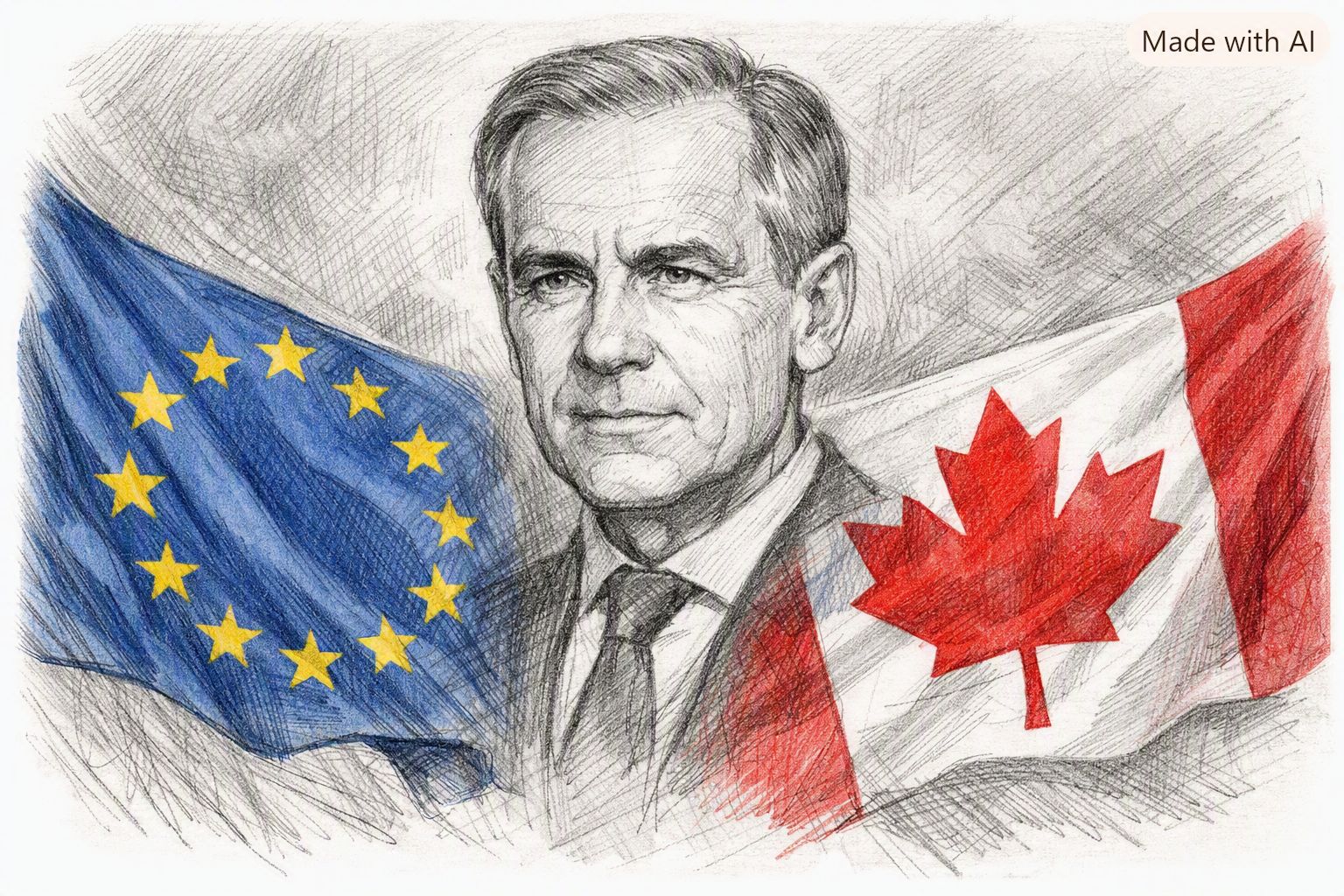 Mit KI erstellt: Mark Carney mit EU- und Kanada-Flagge