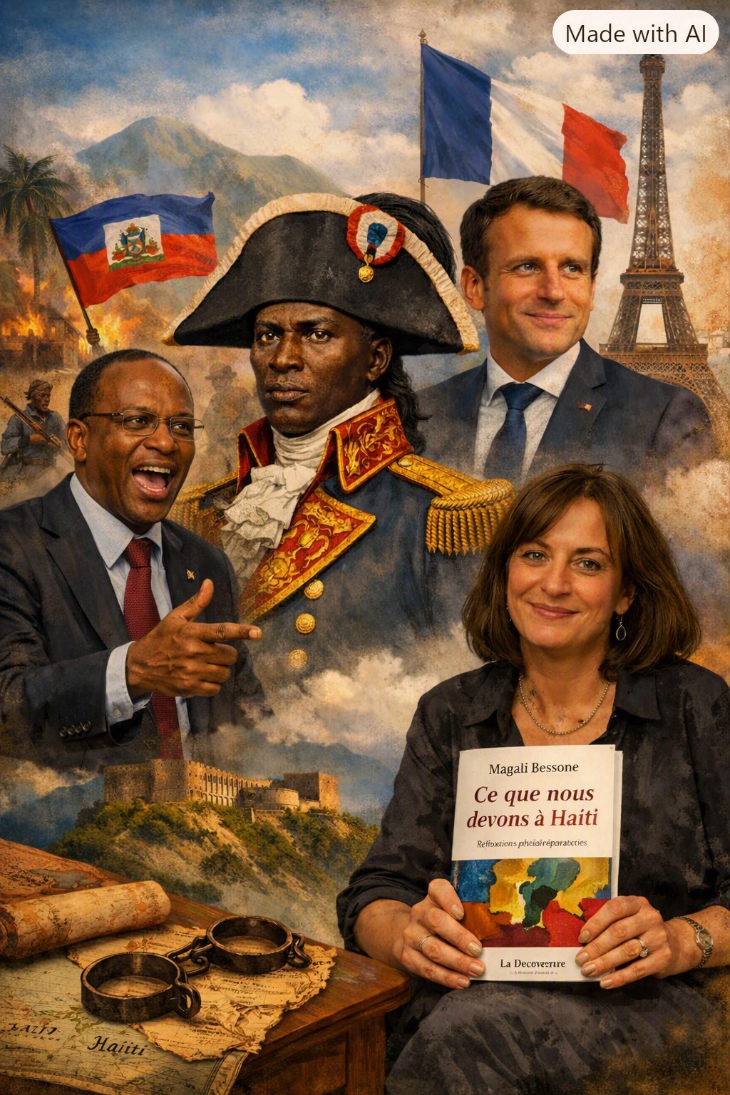 Das Titelbild wurde mit KI nach einem Prompt von Wolfgang Schmale erstellt. Es zeigt, von vorne nach hinten, Magali Bessone, Jean-Bertrand Aristide, Toussaint L’Ouverture und Emmanuel Macron. Der Buchumschlag in den Händen von M. Bessone entspricht nicht exakt dem Original.